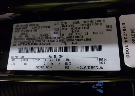 2024 Ford F-150 Xlt из США, поврежденный, VIN 1FTFW3LD3RFA50135